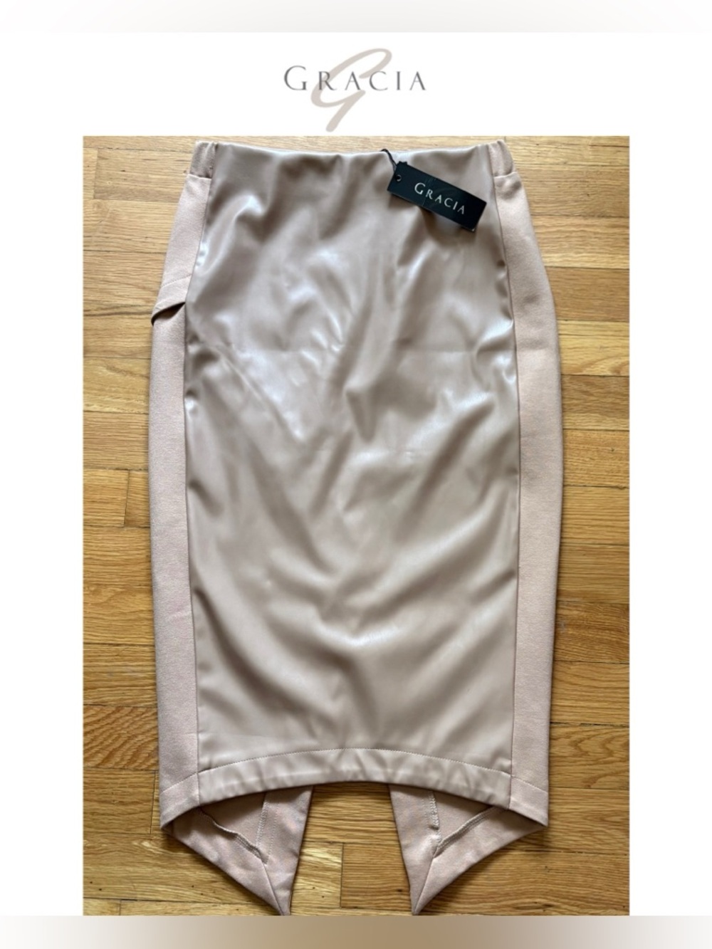 Gracia Blush Beige Faux Leather-Front Pencil Skirt S NWT